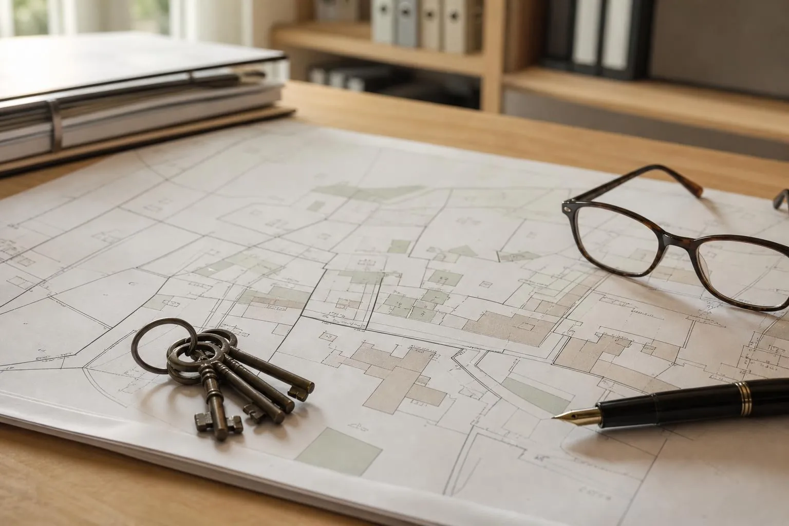 Plan cadastral d'une propriété familiale, clés anciennes, lunettes et stylo plume sur un bureau