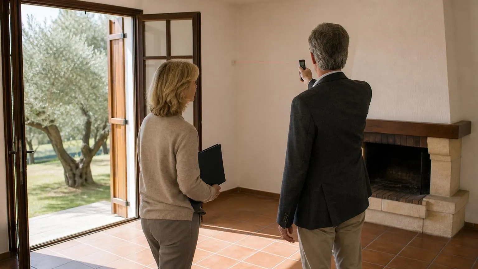 Expert mesurant au télémètre le séjour vide d'une maison provençale devant une héritière
